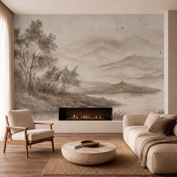Tapet Peisaj liniștit cu un râu și munți în depărtare, Fototapet Natură, w05535v1 : Uwalls.ro