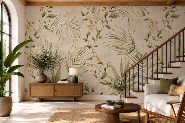 Tapet Frunze tropicale și flori delicate pe un fundal bej, Imagini de fundal unice, w05625 : Uwalls.ro