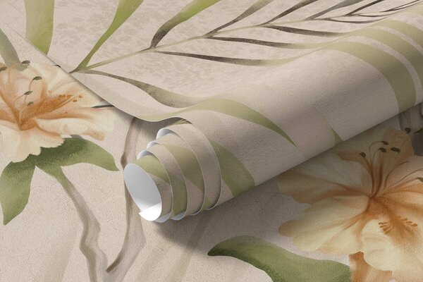Tapet Frunze tropicale și flori delicate pe un fundal bej, Imagini de fundal unice, w05625 : Uwalls.ro
