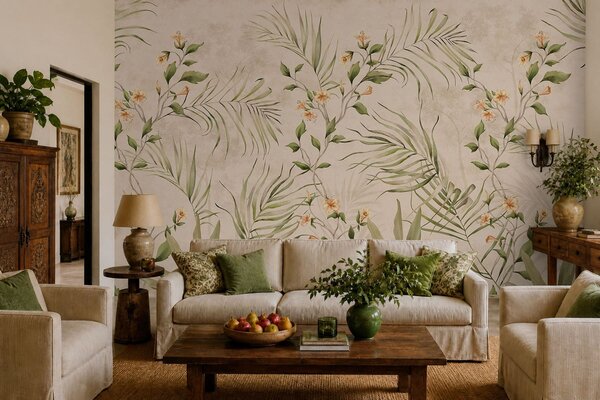 Tapet Frunze tropicale și flori delicate pe un fundal bej, Imagini de fundal unice, w05625 : Uwalls.ro