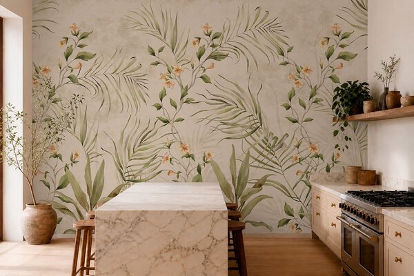 Tapet Frunze tropicale și flori delicate pe un fundal bej, Imagini de fundal unice, w05625 : Uwalls.ro