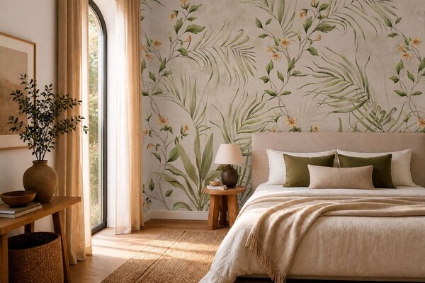 Tapet Frunze tropicale și flori delicate pe un fundal bej, Imagini de fundal unice, w05625 : Uwalls.ro