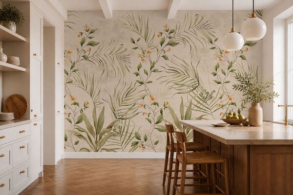 Tapet Frunze tropicale și flori delicate pe un fundal bej, Imagini de fundal unice, w05625 : Uwalls.ro