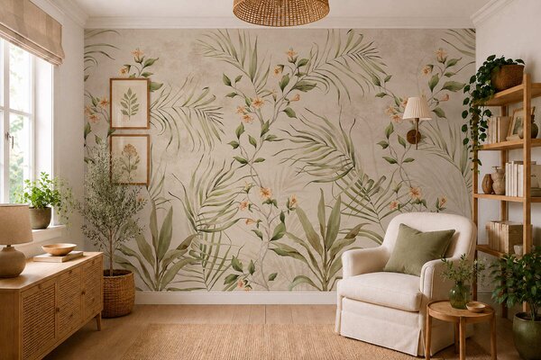 Tapet Frunze tropicale și flori delicate pe un fundal bej, Imagini de fundal unice, w05625 : Uwalls.ro