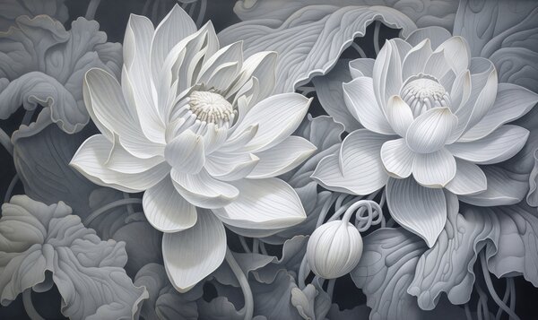 Tapet Flori de lotus în stil vintage, cu nuanțe delicate de sepia și petale detaliate, ilustrație botanică, Fototapet Flori, w05494 : Uwalls.ro