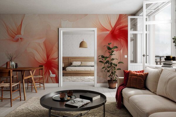 Tapet Flori delicate, cu petale vaporoase și translucide, în stil acuarelă, într-o compoziție florală, Imagini de fundal unice, w05360 : Uwalls.ro