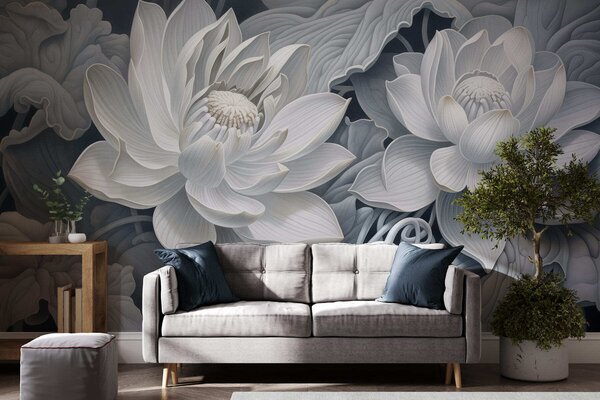Tapet Flori de lotus în stil vintage, cu nuanțe delicate de sepia și petale detaliate, ilustrație botanică, Fototapet Flori, w05494 : Uwalls.ro