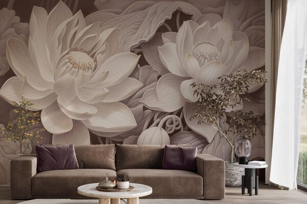 Tapet Flori de lotus în stil vintage, cu nuanțe delicate de sepia și petale detaliate, ilustrație botanică, Fototapet Flori, w05494v1 : Uwalls.ro