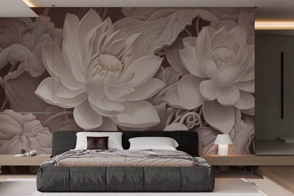 Tapet Flori de lotus în stil vintage, cu nuanțe delicate de sepia și petale detaliate, ilustrație botanică, Fototapet Flori, w05494v1 : Uwalls.ro