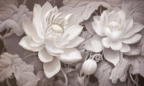 Tapet Flori de lotus în stil vintage, cu nuanțe delicate de sepia și petale detaliate, ilustrație botanică, Fototapet Flori, w05494v1 : Uwalls.ro