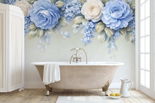 Tapet Trandafiri delicați și buchete florale într-o compoziție botanică inspirată de porțelan, cu petale, Fototapet Flori, w05495 : Uwalls.ro