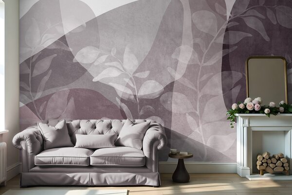 Tapet Forme abstracte în nuanțe discrete se suprapun cu elemente botanice transparente și opere de, Imagini de fundal unice, w09865v1 : Uwalls.ro