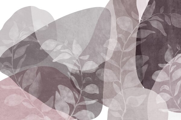 Tapet Forme abstracte în nuanțe discrete se suprapun cu elemente botanice transparente și opere de, Imagini de fundal unice, w09865v1 : Uwalls.ro