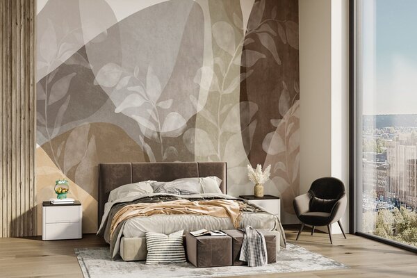 Tapet Forme abstracte în nuanțe de pământ se suprapun cu elemente botanice transparente și opere de artă, Imagini de fundal unice, w09865 : Uwalls.ro