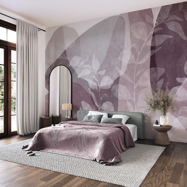 Tapet Forme abstracte în nuanțe discrete se suprapun cu elemente botanice transparente și opere de, Imagini de fundal unice, w09865v1 : Uwalls.ro