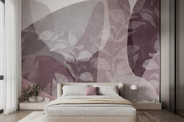 Tapet Forme abstracte în nuanțe discrete se suprapun cu elemente botanice transparente și opere de, Imagini de fundal unice, w09865v1 : Uwalls.ro