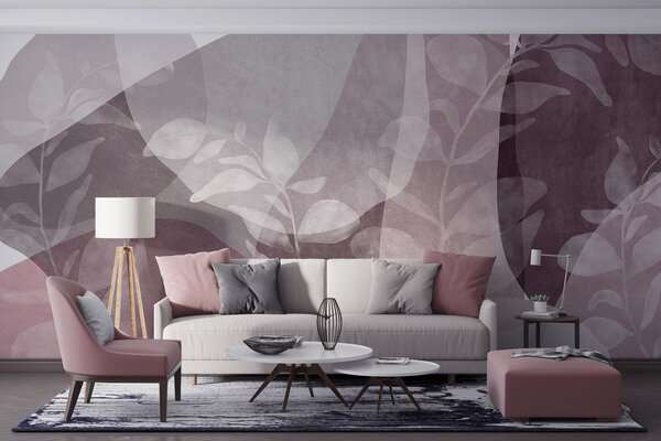 Tapet Forme abstracte în nuanțe discrete se suprapun cu elemente botanice transparente și opere de, Imagini de fundal unice, w09865v1 : Uwalls.ro