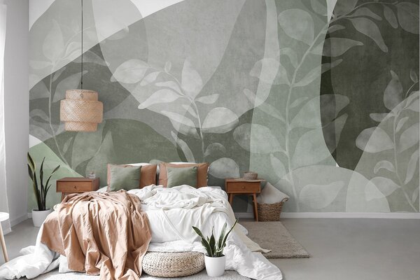 Tapet Forme abstracte în nuanțe de verde se suprapun cu elemente botanice transparente și elemente, Imagini de fundal unice, w09865v2 : Uwalls.ro