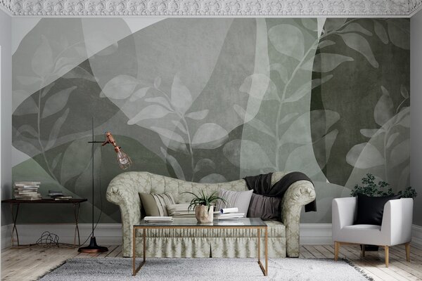 Tapet Forme abstracte în nuanțe de verde se suprapun cu elemente botanice transparente și elemente, Imagini de fundal unice, w09865v2 : Uwalls.ro