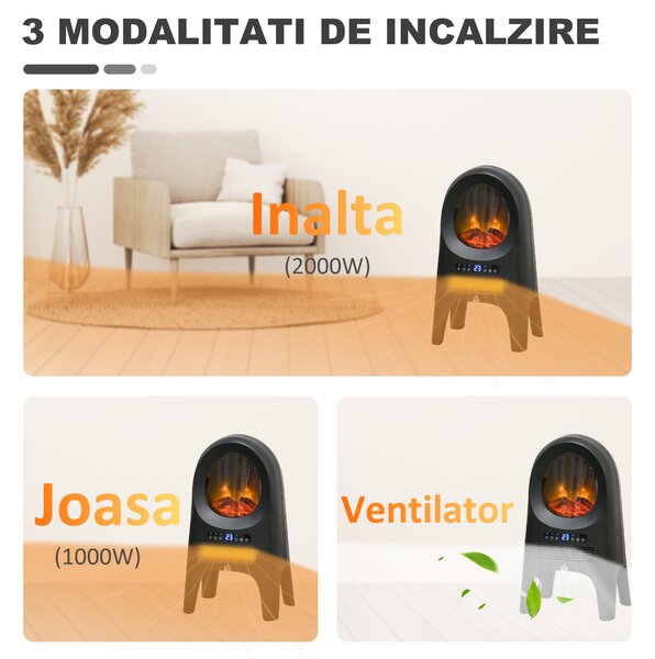 HOMCOM Încălzitor cu Ventilator cu 3 Moduri de Încălzire și Temperatură Reglabilă, Aparat de Încălzire, 33,7x25,5x60,4 cm, Negru | Aosom Romania