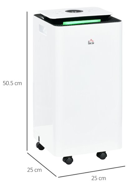 HOMCOM Dezumidificator Portabil de 10L/Zi cu 5 Moduri, 2 Viteze, Timer 24h și Roți, 25x25x50,5 cm, Alb | Aosom Romania