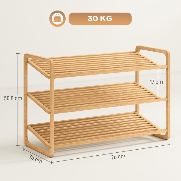 HOMCOM Etajeră pentru pantofi cu 3 rafturi pentru 12 perechi de pantofi din bambus 76x33x50.8 cm | Aosom Romania
