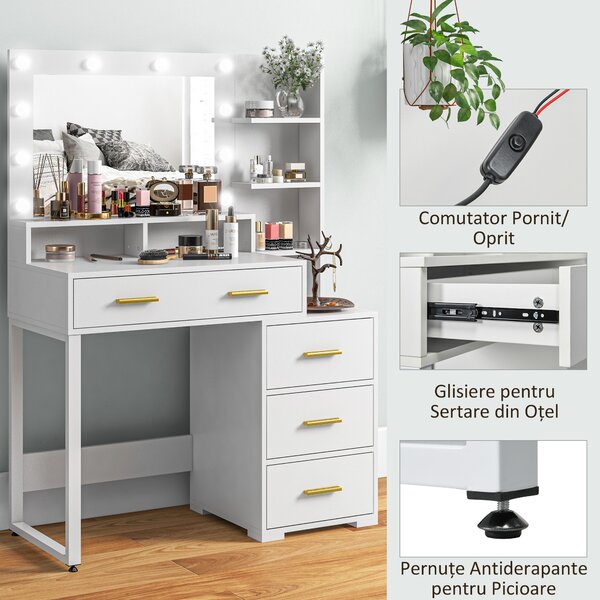 HOMCOM Masă de Machiaj Albă cu Oglindă, 4 Sertare și 6 Rafturi Deschise 100x40x138 cm | Aosom Romania