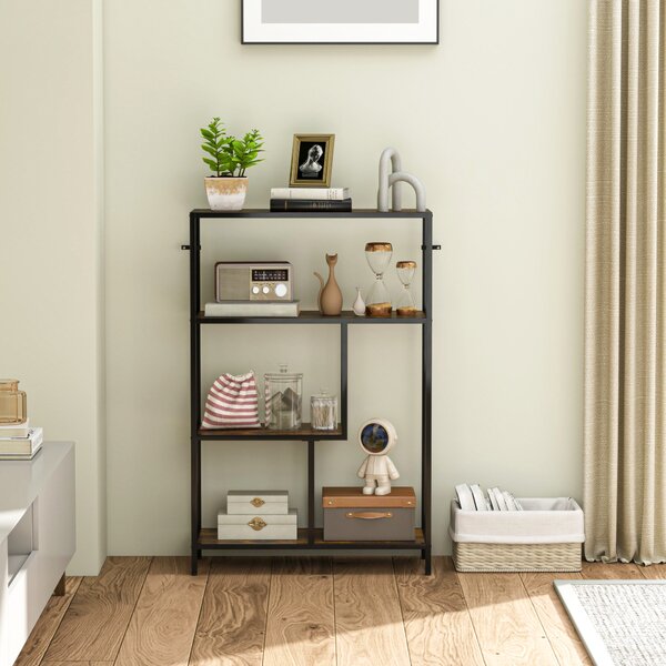 HOMCOM Bibliotecă cu 4 Rafturi, Stil Industrial, Lemn și Metal, 77x30x116cm, Maro | Aosom Romania