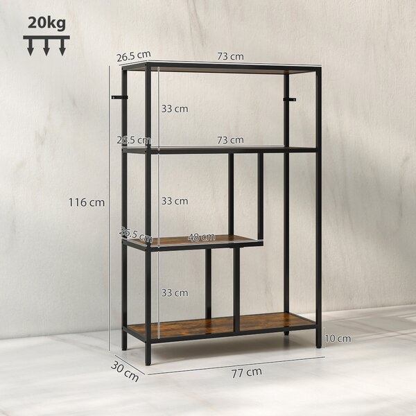 HOMCOM Bibliotecă cu 4 Rafturi, Stil Industrial, Lemn și Metal, 77x30x116cm, Maro | Aosom Romania