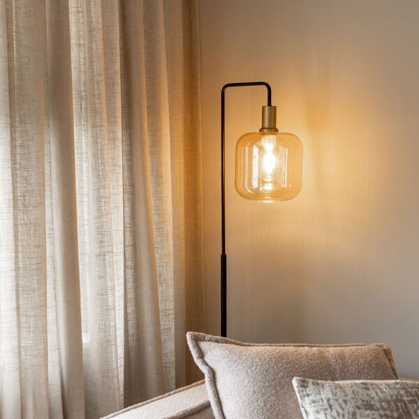 Lampa de podea de design neagră cu alamă și sticlă chihlimbar - Zuzanna
