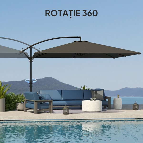 Outsunny Umbrelă Laterală cu Acoperiș Reglabil, Bază în Cruce, Orificii de Ventilație și Manivelă, 355x390x250 cm, Gri | Aosom Romania