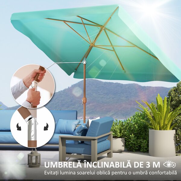 Outsunny Umbrelă de Grădină Înclinabilă cu Deschidere cu Manivelă și Orificiu de Aerisire, 300x200x235 cm, Turcoaz | Aosom Romania