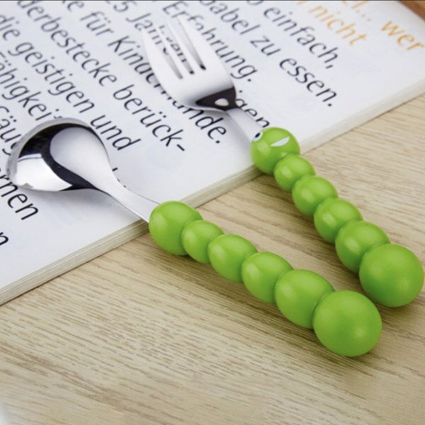 Set de tacamuri jucause Pufo Kids pentru copii, 3 piese, otel inoxidabil, verde