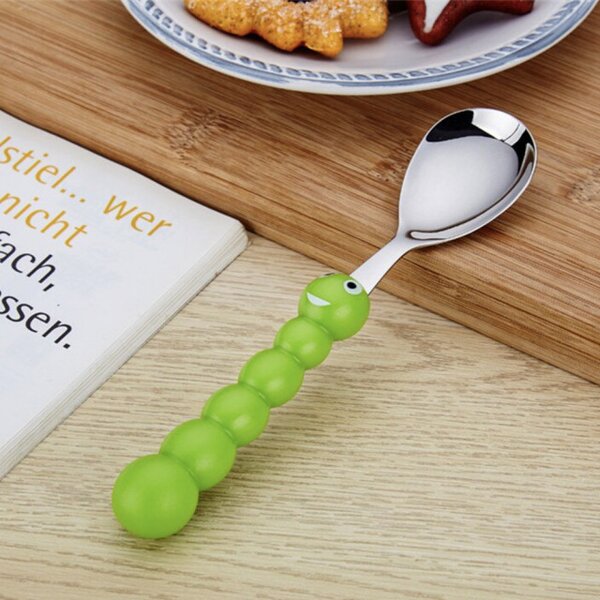 Set de tacamuri jucause Pufo Kids pentru copii, 3 piese, otel inoxidabil, verde