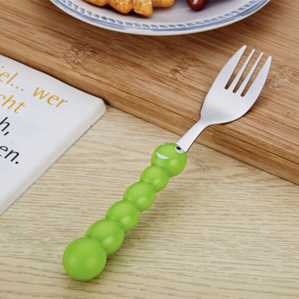 Set de tacamuri jucause Pufo Kids pentru copii, 3 piese, otel inoxidabil, verde