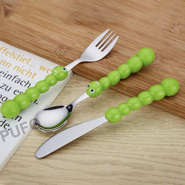 Set de tacamuri jucause Pufo Kids pentru copii, 3 piese, otel inoxidabil, verde
