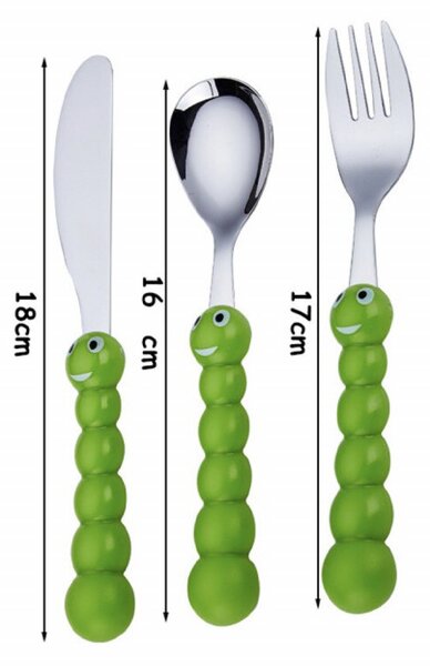 Set de tacamuri jucause Pufo Kids pentru copii, 3 piese, otel inoxidabil, verde