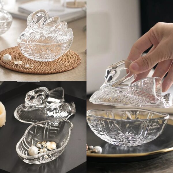 Bomboniera Eleganta Pufo din Sticla Transparenta, Forma Lebada, 13 cm – Accesoriu Decorativ pentru Dulciuri, Servire Festiva si Evenimente Speciale