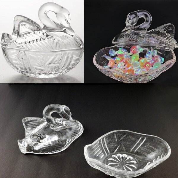 Bomboniera Eleganta Pufo din Sticla Transparenta, Forma Lebada, 13 cm – Accesoriu Decorativ pentru Dulciuri, Servire Festiva si Evenimente Speciale