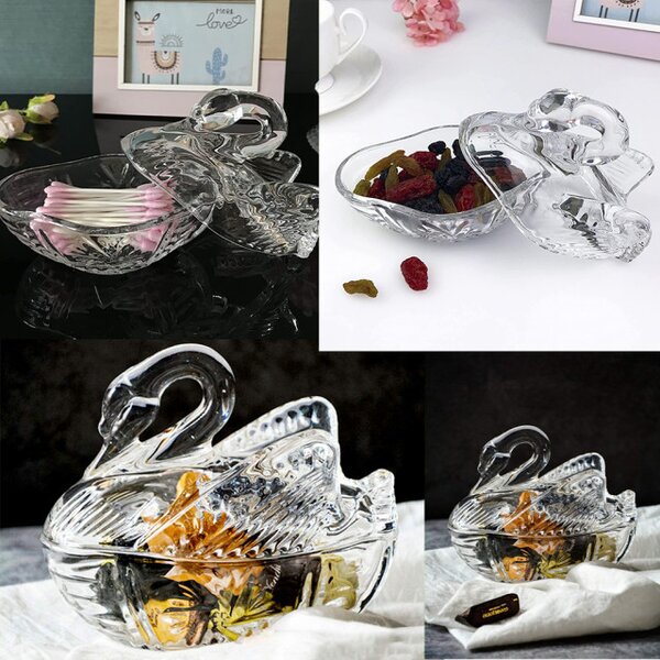 Bomboniera Eleganta Pufo din Sticla Transparenta, Forma Lebada, 13 cm – Accesoriu Decorativ pentru Dulciuri, Servire Festiva si Evenimente Speciale