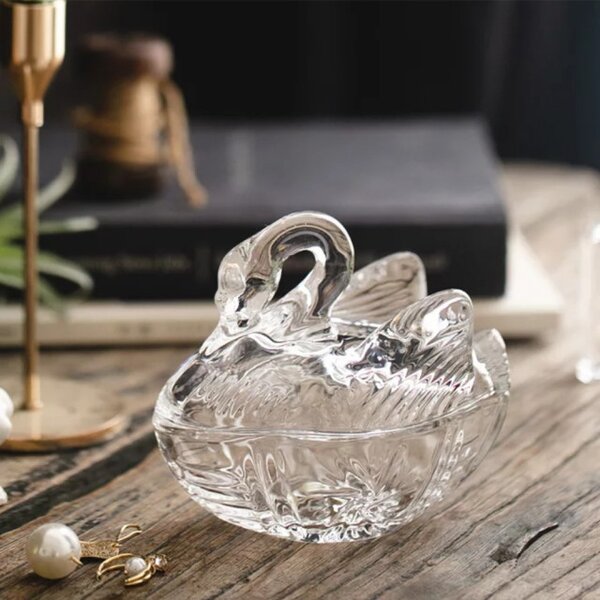 Bomboniera Eleganta Pufo din Sticla Transparenta, Forma Lebada, 13 cm – Accesoriu Decorativ pentru Dulciuri, Servire Festiva si Evenimente Speciale