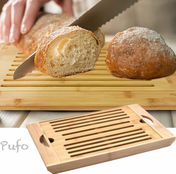Tocator Pufo Bread Bamboo Board din bambus pentru paine cu tavita, 37 x 22 cm- design practic si elegant pentru bucatarie