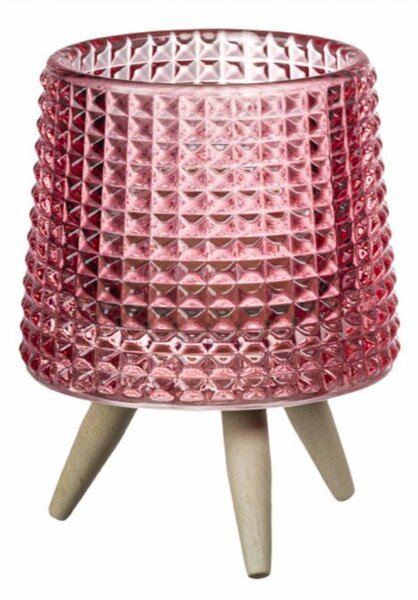 Suport decorativ Pufo Gorgeous pentru lumanare din sticla cu picioruse din lemn, 11 cm, roz