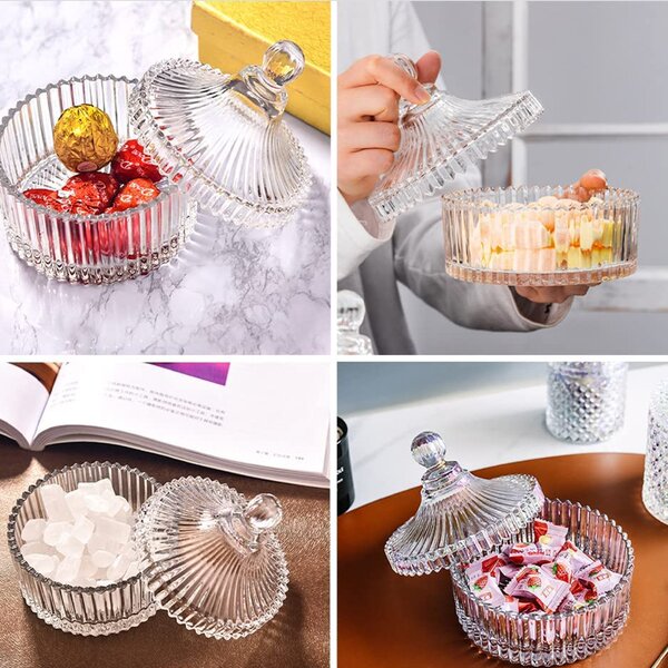 Bomboniera tip zaharnita Pufo Style din sticla cu capac, 14 cm, transparent