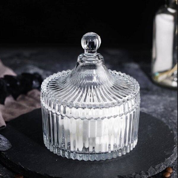 Bomboniera tip zaharnita Pufo Style din sticla cu capac, 14 cm, transparent