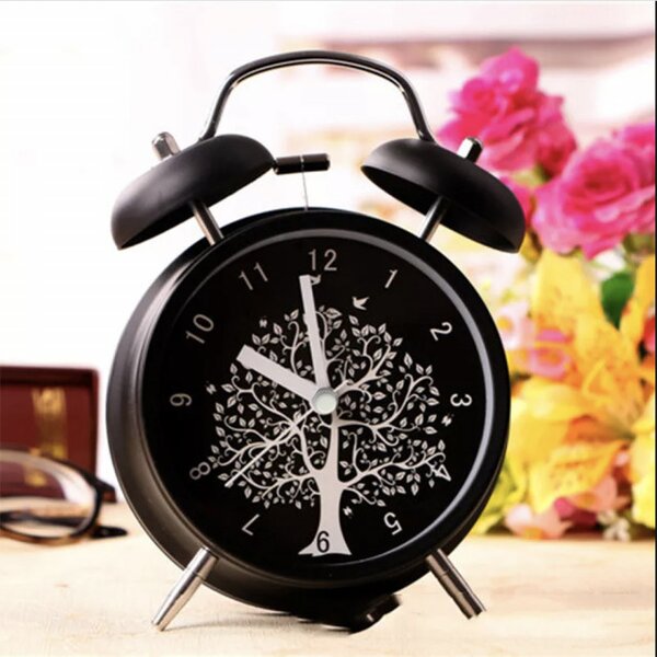 Ceas de masa desteptator Pufo Tree of Life, metalic, 16 cm, negru- design elegant cu simbolul Arborelui Vietii