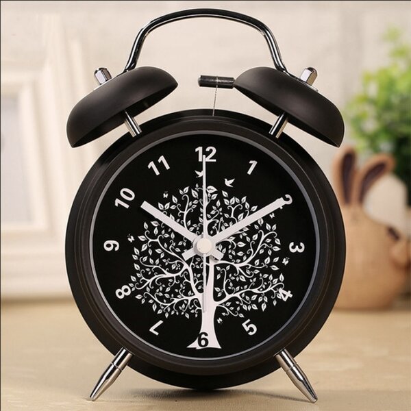 Ceas de masa desteptator Pufo Tree of Life, metalic, 16 cm, negru- design elegant cu simbolul Arborelui Vietii