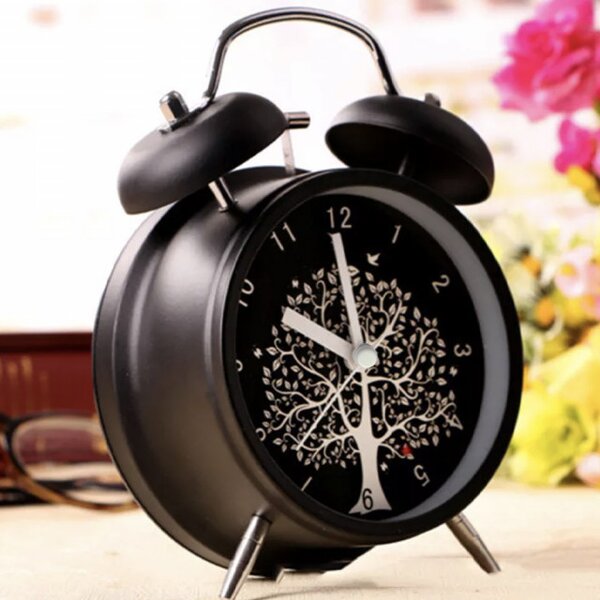 Ceas de masa desteptator Pufo Tree of Life, metalic, 16 cm, negru- design elegant cu simbolul Arborelui Vietii