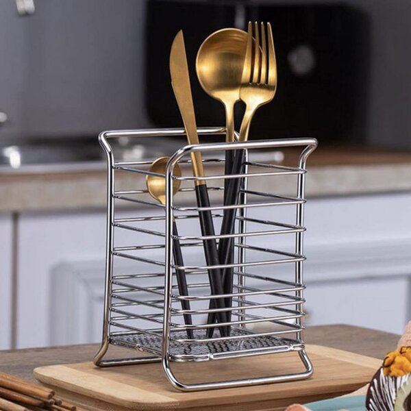 Suport metalic pentru uscare tacamuri si ustensile de bucatarie, Pufo Cuisine, 16 cm, argintiu