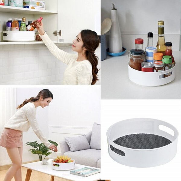 Organizator rotativ tip tava Pufo pentru frigider sau dulap cu suprafata antialunecare, 22 cm, alb